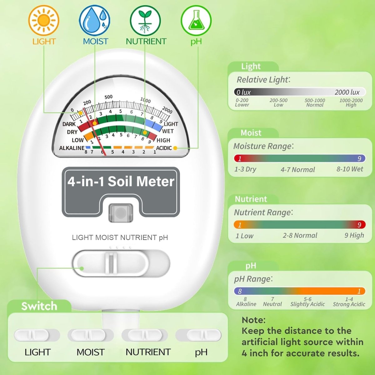 4-in-1 Watering Meter (Moisture,Light,Soil PH,Nutrient) - Garden Tools - 5518551208922 - Tumbleweed Plants - Online Plant Delivery Singapore