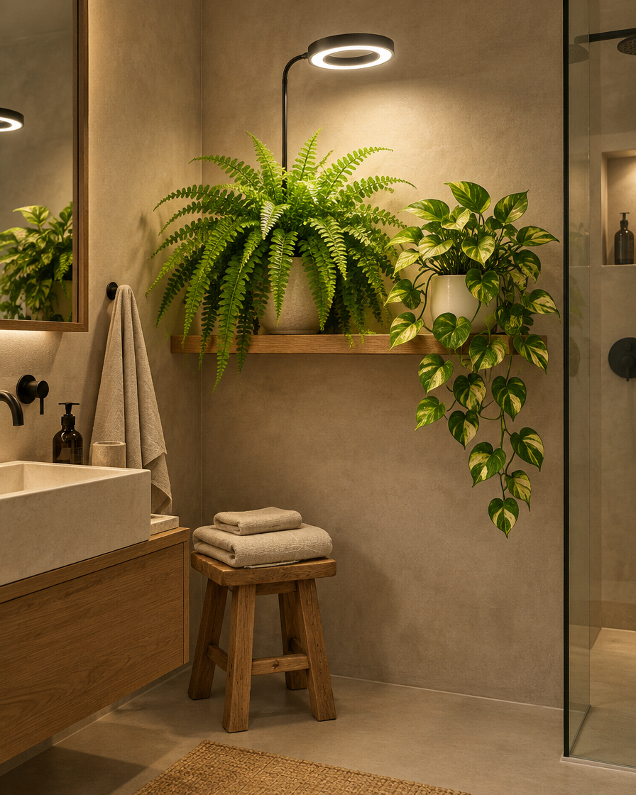 HALO ring grow light over a fern and a pothos in a windowless bathroom