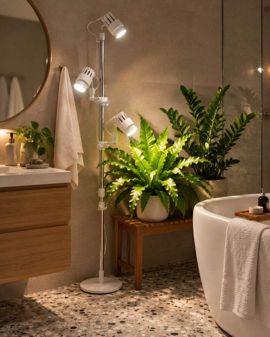 White Helio grow light over ferns in a windowless bathroom