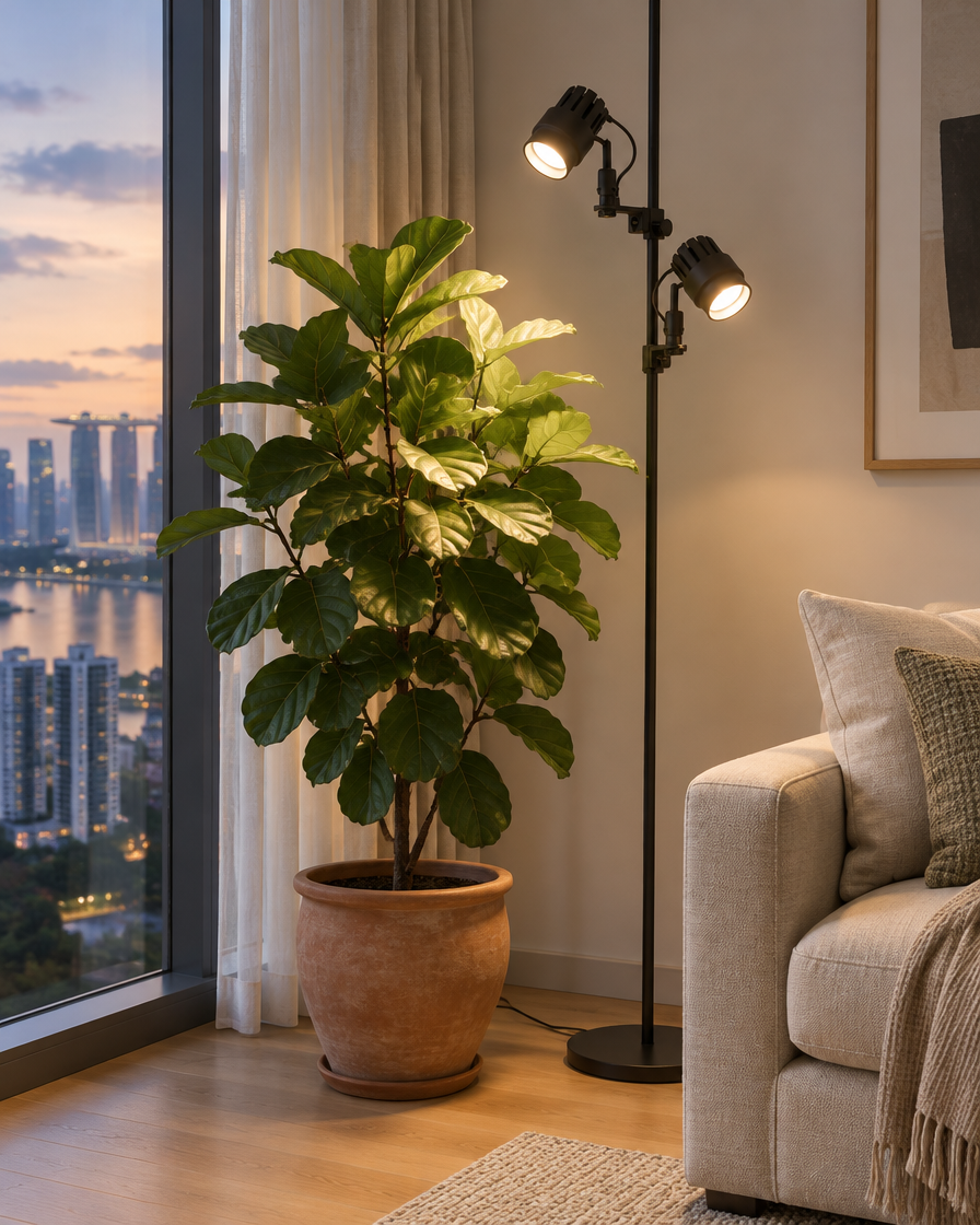 Helio Plant Grow Light Pro lighting a fiddle leaf fig in a condo living room