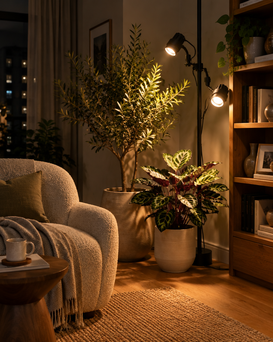 Helio grow light keeping an olive tree and a calathea healthy in a dark living room corner