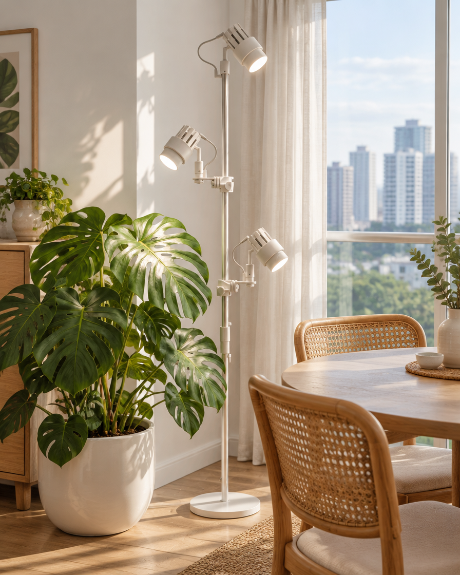 White Helio grow light beside a monstera in a bright dining corner