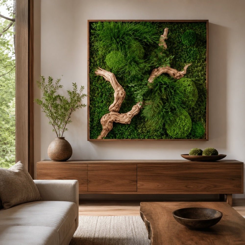 A framed moss piece over a sideboard